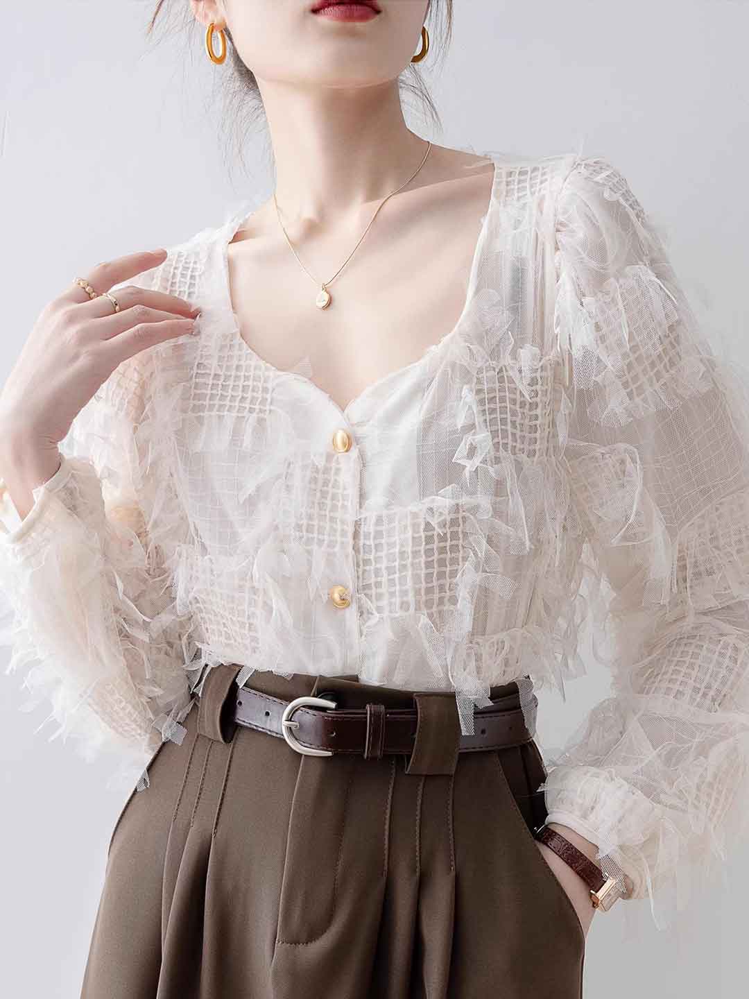 Blusa in Tulle con Fiori 3D | Elegante & Romantica | Perfetta per Occasioni Speciali