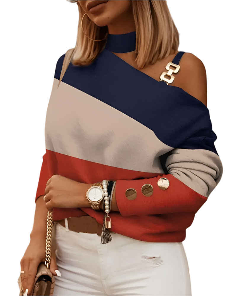 Maglione Color Block con Spalla Scoperta | Chic & Moderno