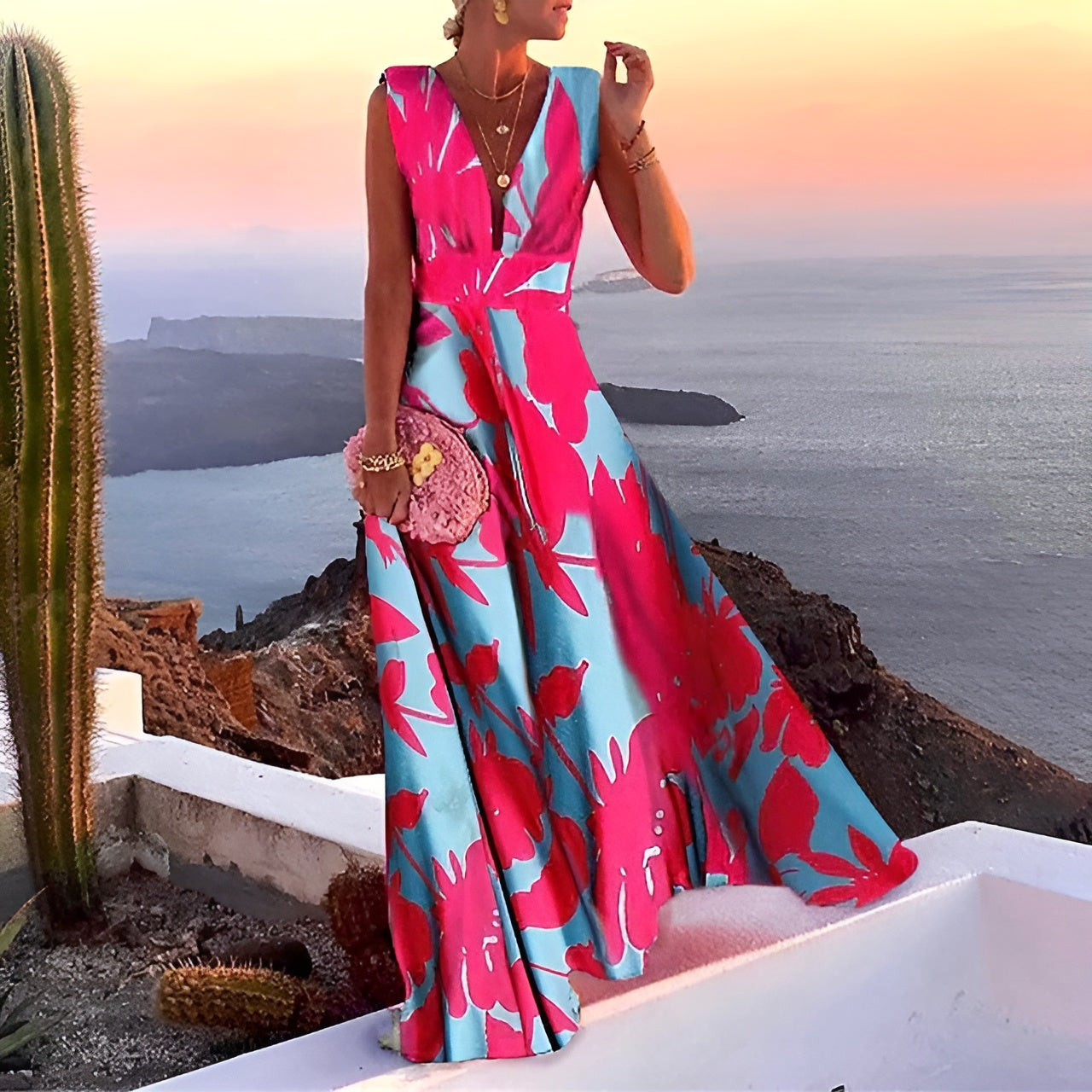 Maxi Dress Elegante | Scollo a V | Gonna Fluida