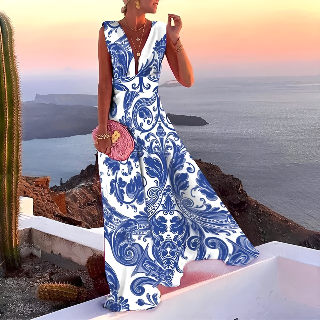 Maxi Dress Elegante | Scollo a V | Gonna Fluida